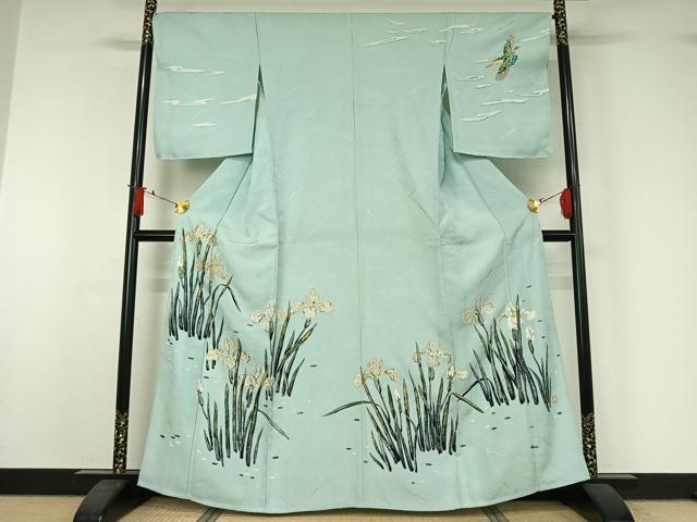 平和屋着物▽訪問着　単衣　作家物　刺繍　花鳥文　カワセミ　金銀糸　正絹　逸品　AABJ1534jh