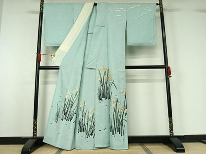 平和屋着物▽訪問着　単衣　作家物　刺繍　花鳥文　カワセミ　金銀糸　正絹　逸品　AABJ1534jh