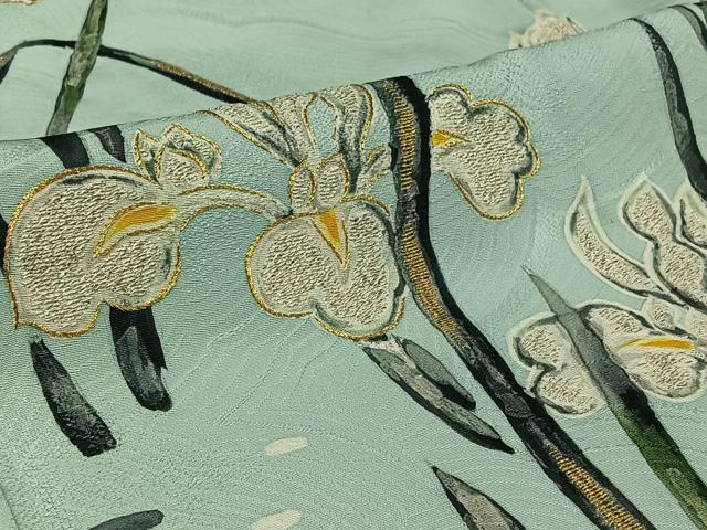 平和屋着物▽訪問着　単衣　作家物　刺繍　花鳥文　カワセミ　金銀糸　正絹　逸品　AABJ1534jh