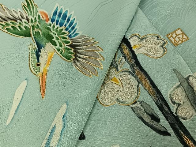 平和屋着物▽訪問着　単衣　作家物　刺繍　花鳥文　カワセミ　金銀糸　正絹　逸品　AABJ1534jh