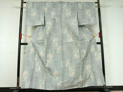 平和屋着物▽上質な紬　単衣　草花文　正絹　逸品　AABJ1538jh