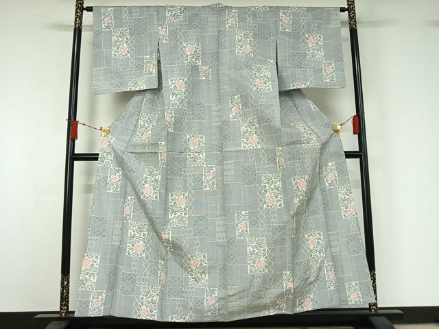 平和屋着物▽上質な紬　単衣　草花文　正絹　逸品　AABJ1538jh