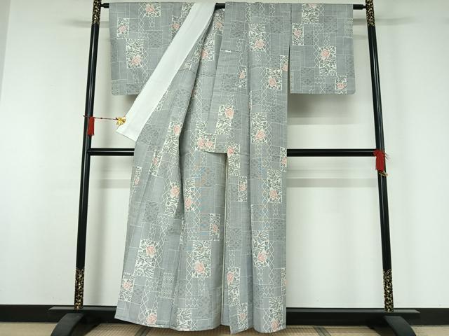平和屋着物▽上質な紬　単衣　草花文　正絹　逸品　AABJ1538jh