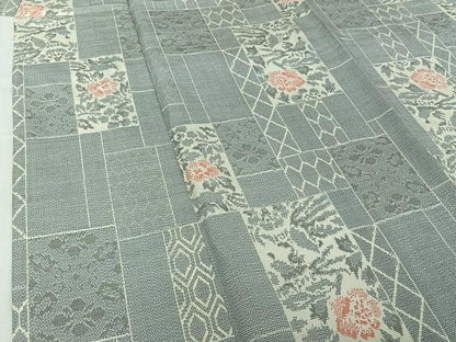 平和屋着物▽上質な紬　単衣　草花文　正絹　逸品　AABJ1538jh