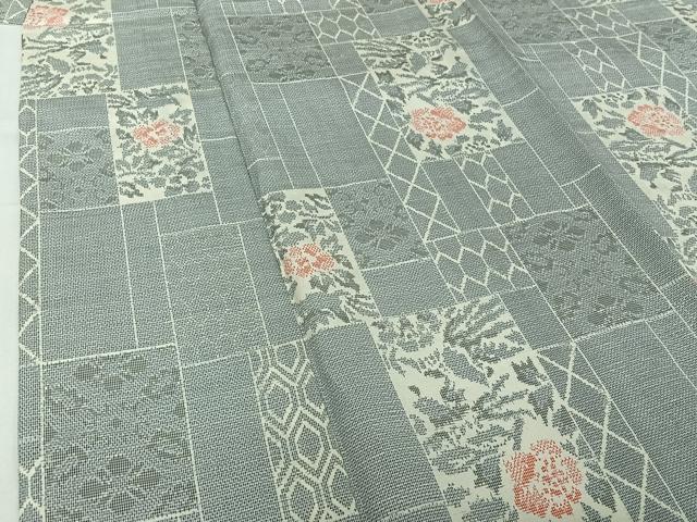 平和屋着物▽上質な紬　単衣　草花文　正絹　逸品　AABJ1538jh