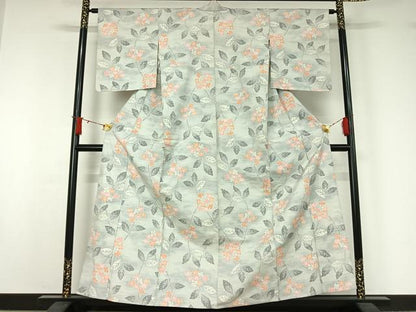 平和屋着物▽上質な紬　単衣　草花文　正絹　逸品　AABJ1540jh