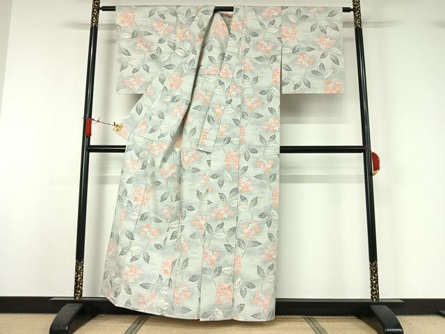 平和屋着物▽上質な紬　単衣　草花文　正絹　逸品　AABJ1540jh