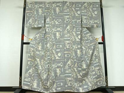 平和屋着物▽上質な小紋　単衣　ふくれ織　幾何学文様　正絹　逸品　AABJ1541jh