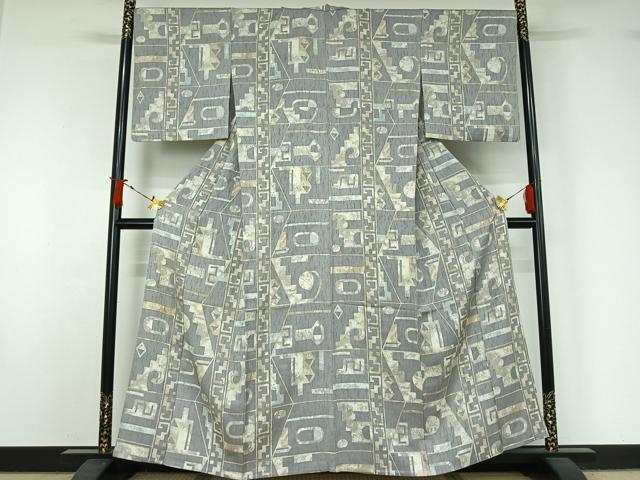 平和屋着物▽上質な小紋　単衣　ふくれ織　幾何学文様　正絹　逸品　AABJ1541jh