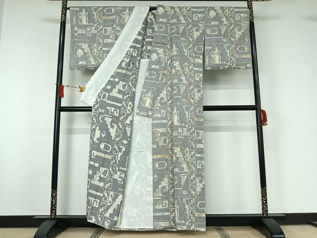平和屋着物▽上質な小紋　単衣　ふくれ織　幾何学文様　正絹　逸品　AABJ1541jh