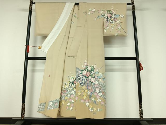 平和屋着物▽十日町友禅　女流作家　遠田藤舟　訪問着　単衣　吉祥花文　正絹　逸品　AABJ1542jh