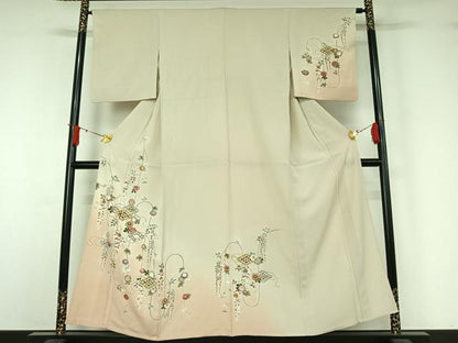 平和屋着物▽訪問着　単衣　駒刺繍　花菱文　暈し染め　金彩　正絹　逸品　AABJ1543jh