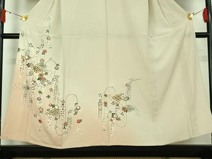 平和屋着物▽訪問着　単衣　駒刺繍　花菱文　暈し染め　金彩　正絹　逸品　AABJ1543jh