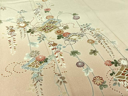 平和屋着物▽訪問着　単衣　駒刺繍　花菱文　暈し染め　金彩　正絹　逸品　AABJ1543jh