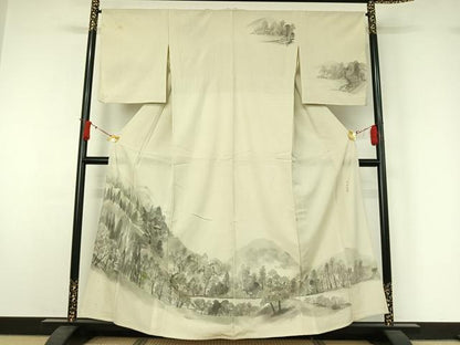 平和屋着物▽訪問着　単衣　紬地　作家物　手描き　風景文　正絹　逸品　AABJ1549jh