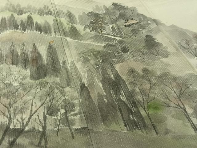 平和屋着物▽訪問着　単衣　紬地　作家物　手描き　風景文　正絹　逸品　AABJ1549jh