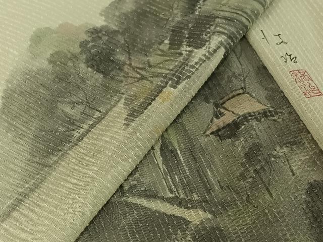 平和屋着物▽訪問着　単衣　紬地　作家物　手描き　風景文　正絹　逸品　AABJ1549jh