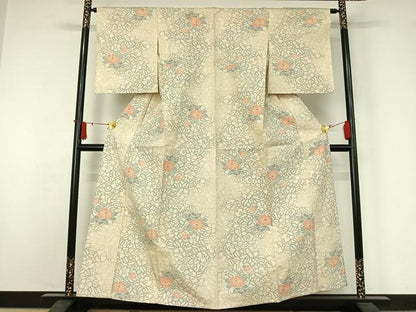 平和屋着物▽上質な紬　単衣　草花文　正絹　逸品　AABJ1550jh