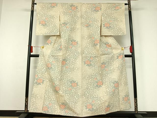 平和屋着物▽上質な紬　単衣　草花文　正絹　逸品　AABJ1550jh