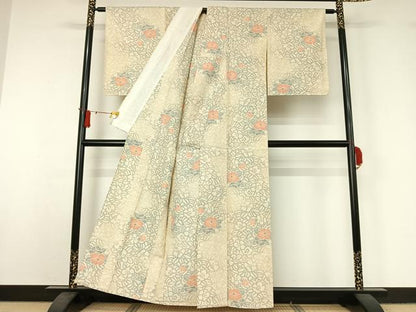 平和屋着物▽上質な紬　単衣　草花文　正絹　逸品　AABJ1550jh