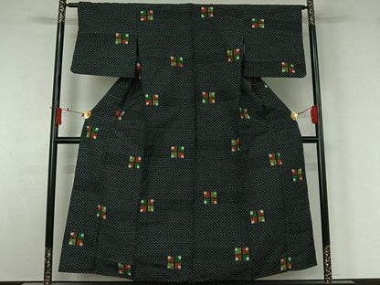 平和屋着物▽上質な紬　単衣　幾何学文様　黒地　正絹　逸品　AABJ1551jh