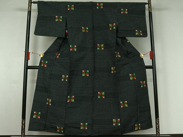 平和屋着物▽上質な紬　単衣　幾何学文様　黒地　正絹　逸品　AABJ1551jh