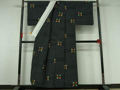 平和屋着物▽上質な紬　単衣　幾何学文様　黒地　正絹　逸品　AABJ1551jh