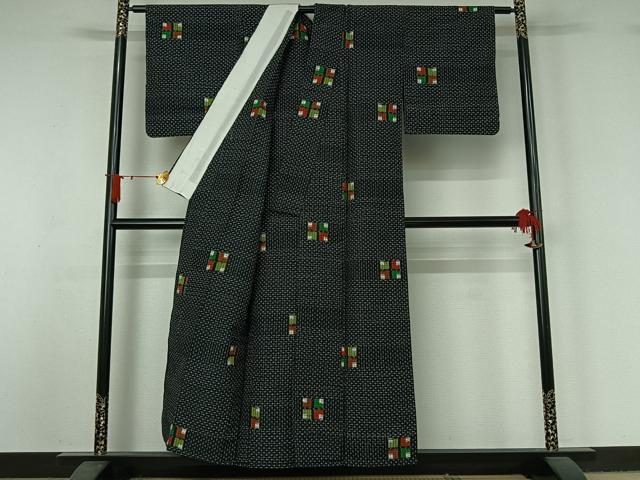 平和屋着物▽上質な紬　単衣　幾何学文様　黒地　正絹　逸品　AABJ1551jh
