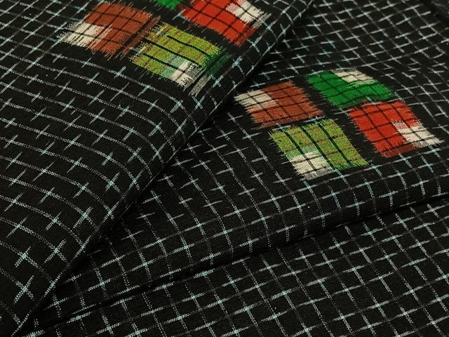 平和屋着物▽上質な紬　単衣　幾何学文様　黒地　正絹　逸品　AABJ1551jh