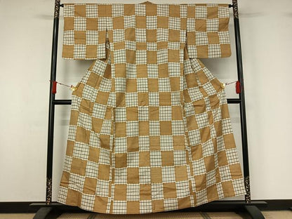 平和屋着物▽上質な紬　単衣　市松文様　正絹　逸品　AABJ1552jh