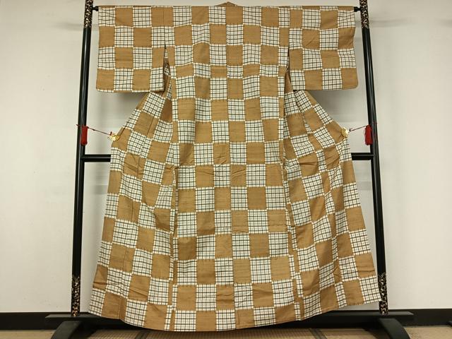 平和屋着物▽上質な紬　単衣　市松文様　正絹　逸品　AABJ1552jh