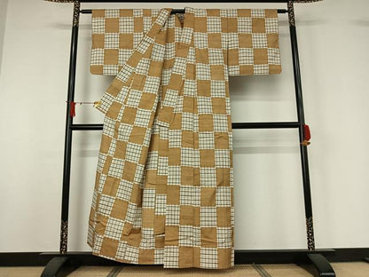 平和屋着物▽上質な紬　単衣　市松文様　正絹　逸品　AABJ1552jh
