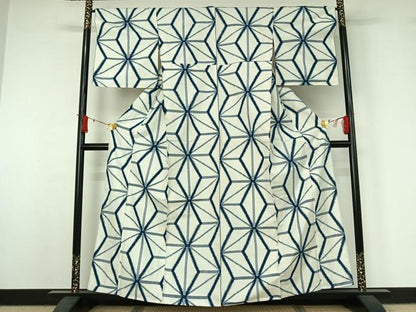 平和屋着物▽上質な紬　単衣　麻の葉文様　正絹　逸品　AABJ1555jh