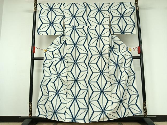 平和屋着物▽上質な紬　単衣　麻の葉文様　正絹　逸品　AABJ1555jh
