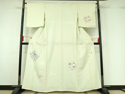 平和屋着物▽訪問着　単衣　作家物　刺繍　切嵌吉祥花文　金糸　正絹　逸品　AABJ1557jh