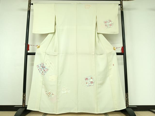 平和屋着物▽訪問着　単衣　作家物　刺繍　切嵌吉祥花文　金糸　正絹　逸品　AABJ1557jh