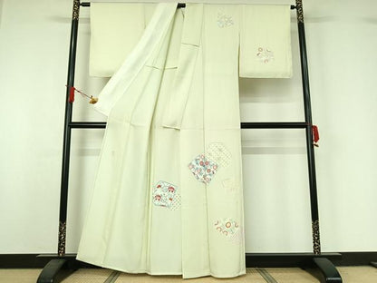 平和屋着物▽訪問着　単衣　作家物　刺繍　切嵌吉祥花文　金糸　正絹　逸品　AABJ1557jh