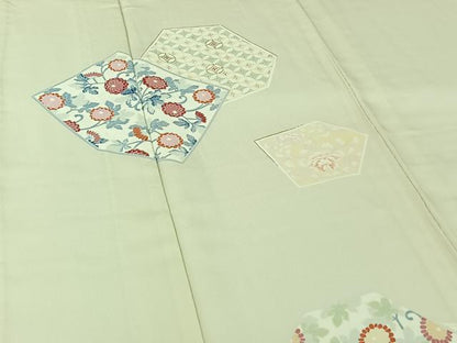 平和屋着物▽訪問着　単衣　作家物　刺繍　切嵌吉祥花文　金糸　正絹　逸品　AABJ1557jh