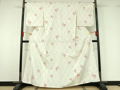 平和屋着物▽上質な紬　単衣　草花文　正絹　逸品　AABJ1558jh