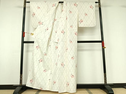 平和屋着物▽上質な紬　単衣　草花文　正絹　逸品　AABJ1558jh