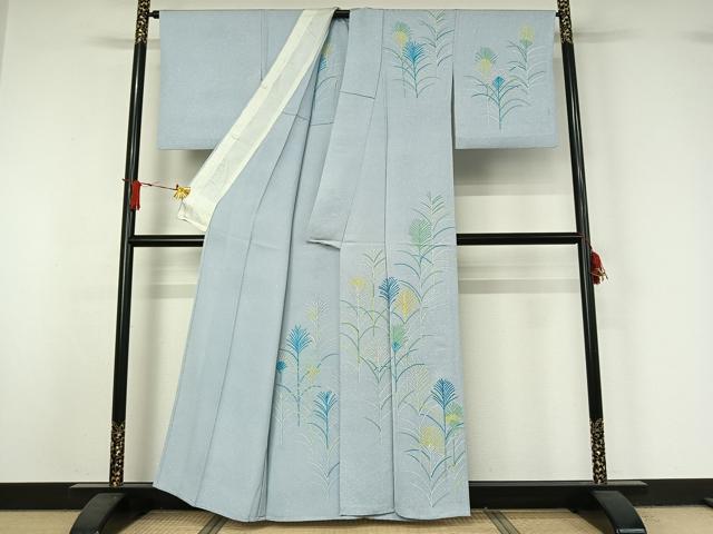 平和屋着物▽訪問着　単衣　刺繍　草葉文　正絹　逸品　AABJ1559jh