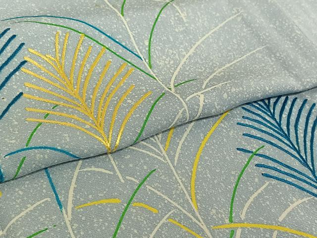 平和屋着物▽訪問着　単衣　刺繍　草葉文　正絹　逸品　AABJ1559jh
