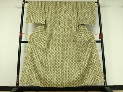 平和屋着物▽上質な紬　単衣　松皮菱飛鳥文　正絹　逸品　AABJ1565jh