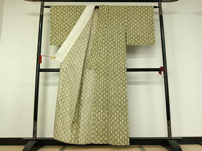 平和屋着物▽上質な紬　単衣　松皮菱飛鳥文　正絹　逸品　AABJ1565jh