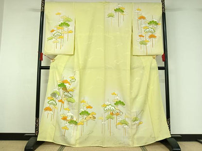 平和屋着物▽訪問着　単衣　駒刺繍　松文　暈し染め　金彩　正絹　逸品　AABJ1566jh