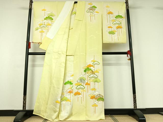 平和屋着物▽訪問着　単衣　駒刺繍　松文　暈し染め　金彩　正絹　逸品　AABJ1566jh