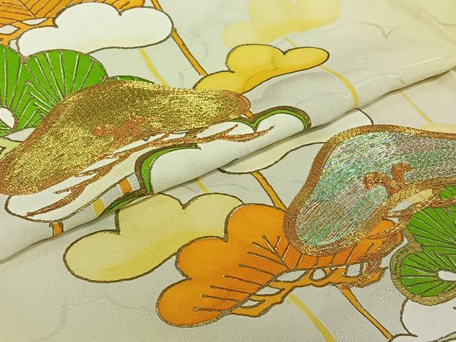 平和屋着物▽訪問着　単衣　駒刺繍　松文　暈し染め　金彩　正絹　逸品　AABJ1566jh