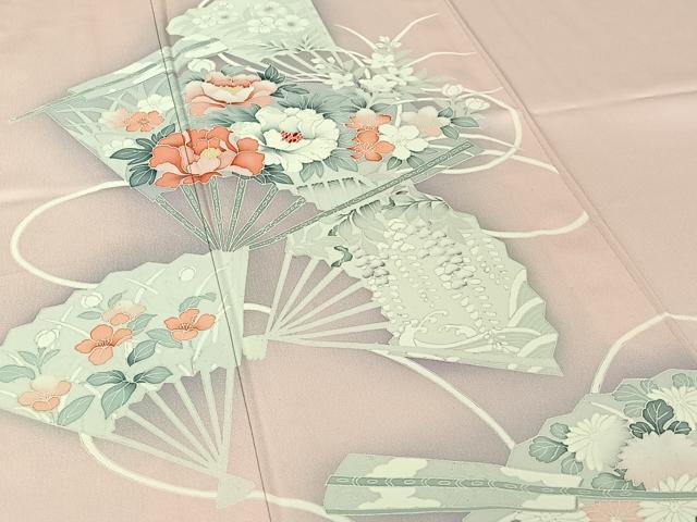 平和屋着物▽訪問着　単衣　刺繍　扇面花文　暈し染め　正絹　逸品　AABJ1568jh