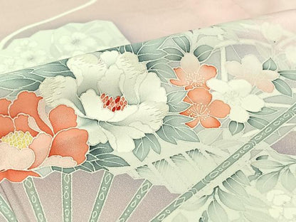 平和屋着物▽訪問着　単衣　刺繍　扇面花文　暈し染め　正絹　逸品　AABJ1568jh