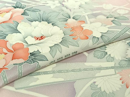 平和屋着物▽訪問着　単衣　刺繍　扇面花文　暈し染め　正絹　逸品　AABJ1568jh